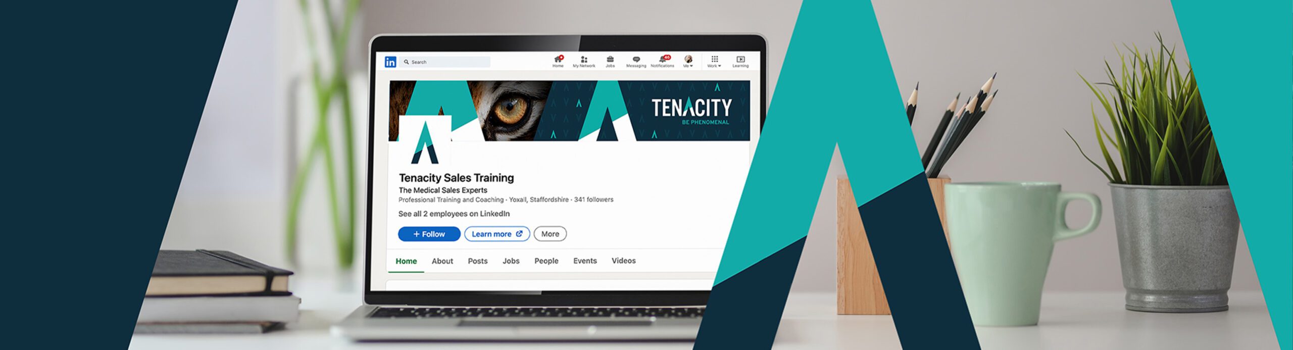 Laptop displaying Tenacity Sales Training’s LinkedIn company page, featuring bold teal and navy branding for a professional sales training brand identity.