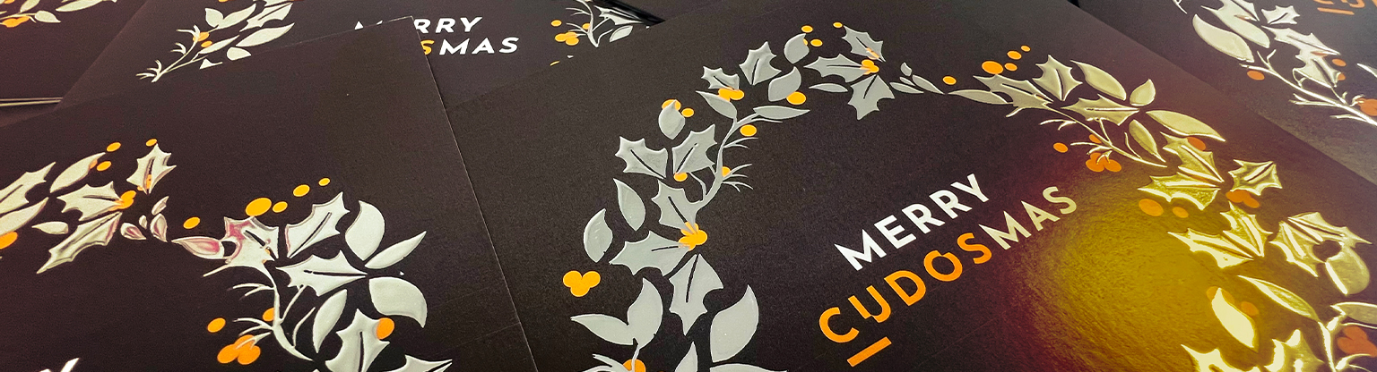 CUDOS Creative Merry CUDOSmas luxury foil Christmas cards – branded festive print design for businesses