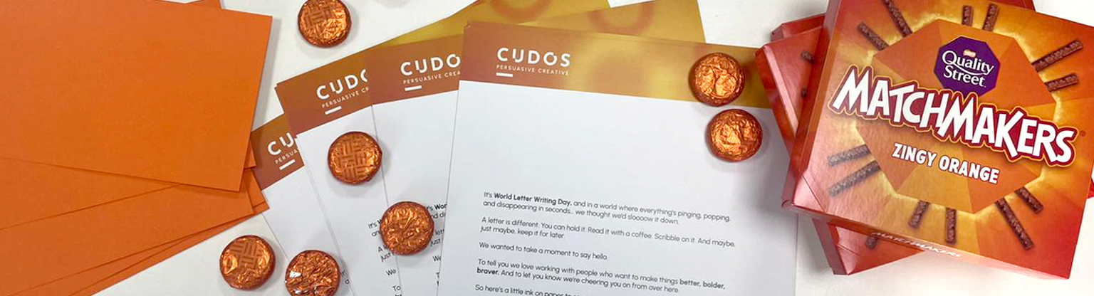 CUDOS Creative branded letterheads and orange envelopes with Matchmakers chocolates – creative direct mail campaign for World Letter Writing Day