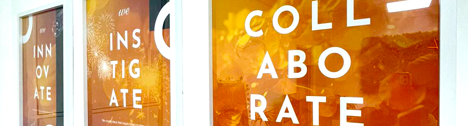 CUDOS Creative office wall graphics displaying brand values Innovate, Instigate, Collaborate – workplace branding design