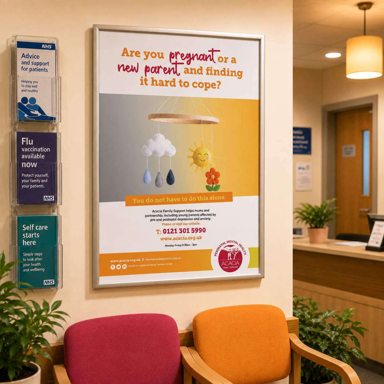 Acacia Family Support poster displayed in a welcoming GP surgery waiting area with colourful seating and plants.