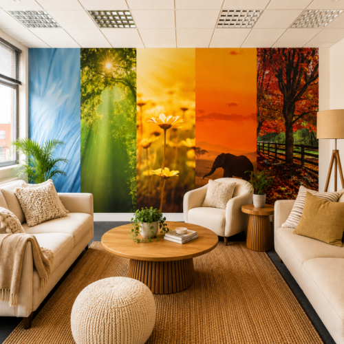 Bright, welcoming office space with a colourful pink, orange and yellow feature wall, framed nature photography, indoor plants and warm lighting.