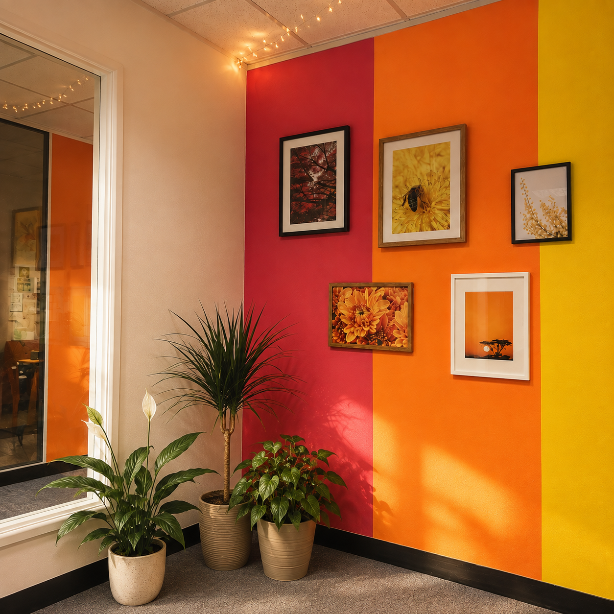 Bright and welcoming office space with a colourful feature wall, framed nature photography and indoor plants.
